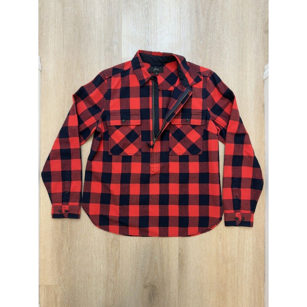 J.Crew Wool Blend Red Buffalo Check 1/2 Zip Popover Shirt Jacket M Plaid Shacket